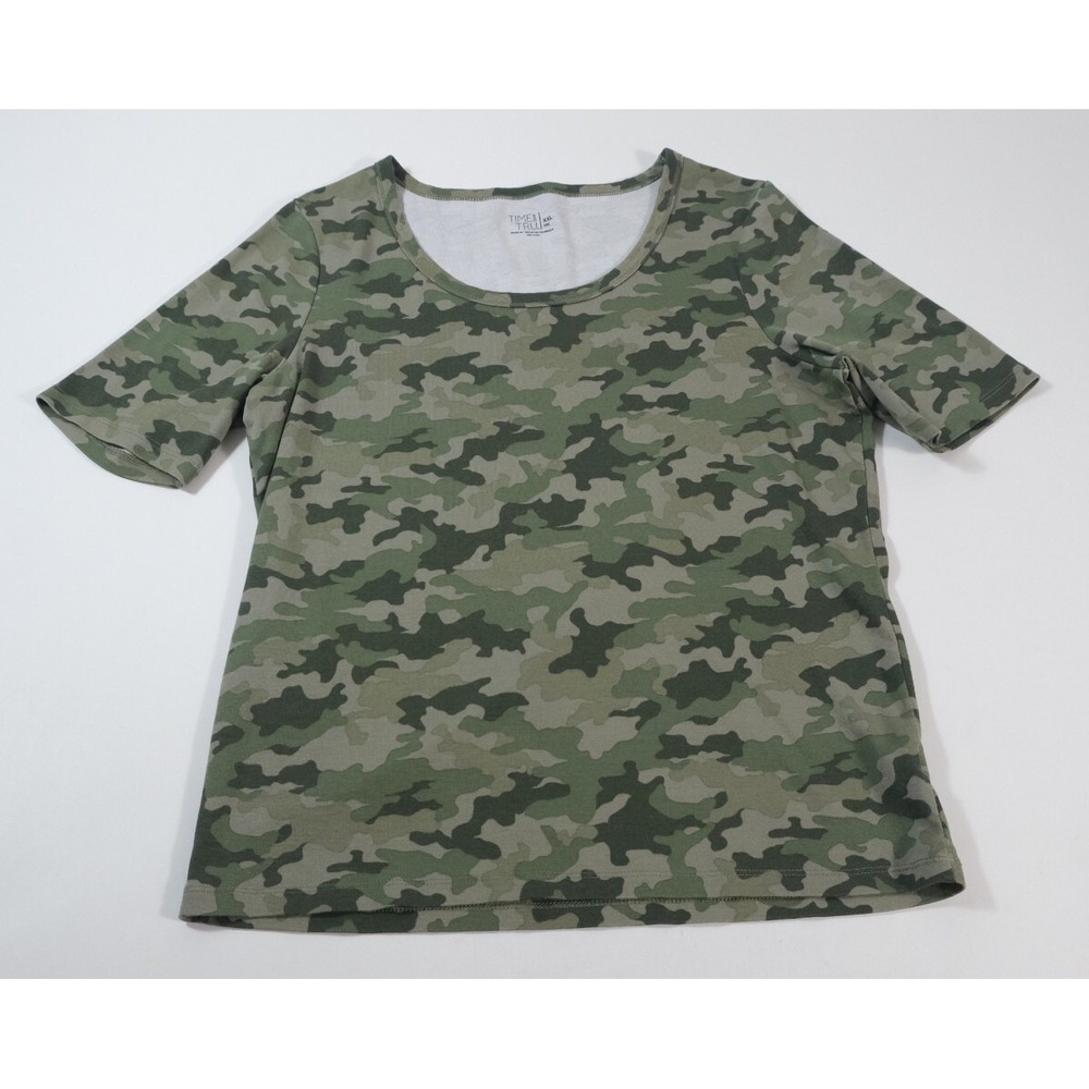 Time And Tru T-Shirt Womens XXL 20 Green Camo Crew Neck Short Sleeve Cotton Top